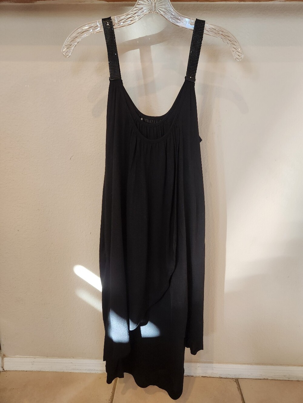 Black Sleeveless Draped Midi Dress with Embellished Straps